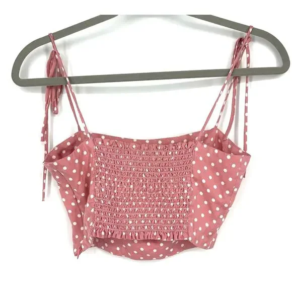 Zara Pink Polka Dot Crop Top Small Strappy Smocked Tube Top - Picture 2 of 5